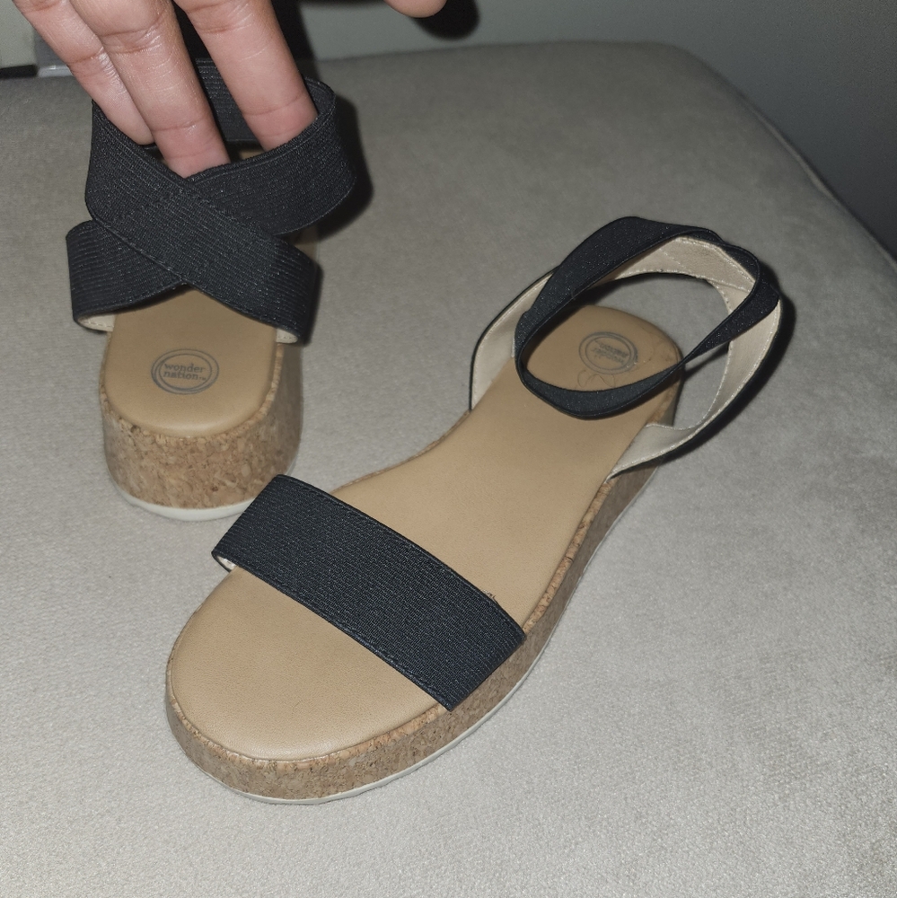 Black and Tan Flat Sandals with Adjustable Straps
